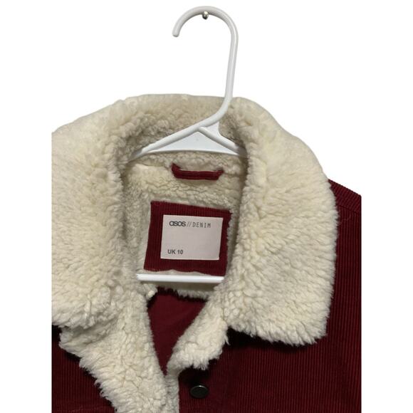 ASOS US 6 UK 10 Berry Wine Corduroy Jacket, Fleece Collar Trim Preowned - Picture 3 of 4